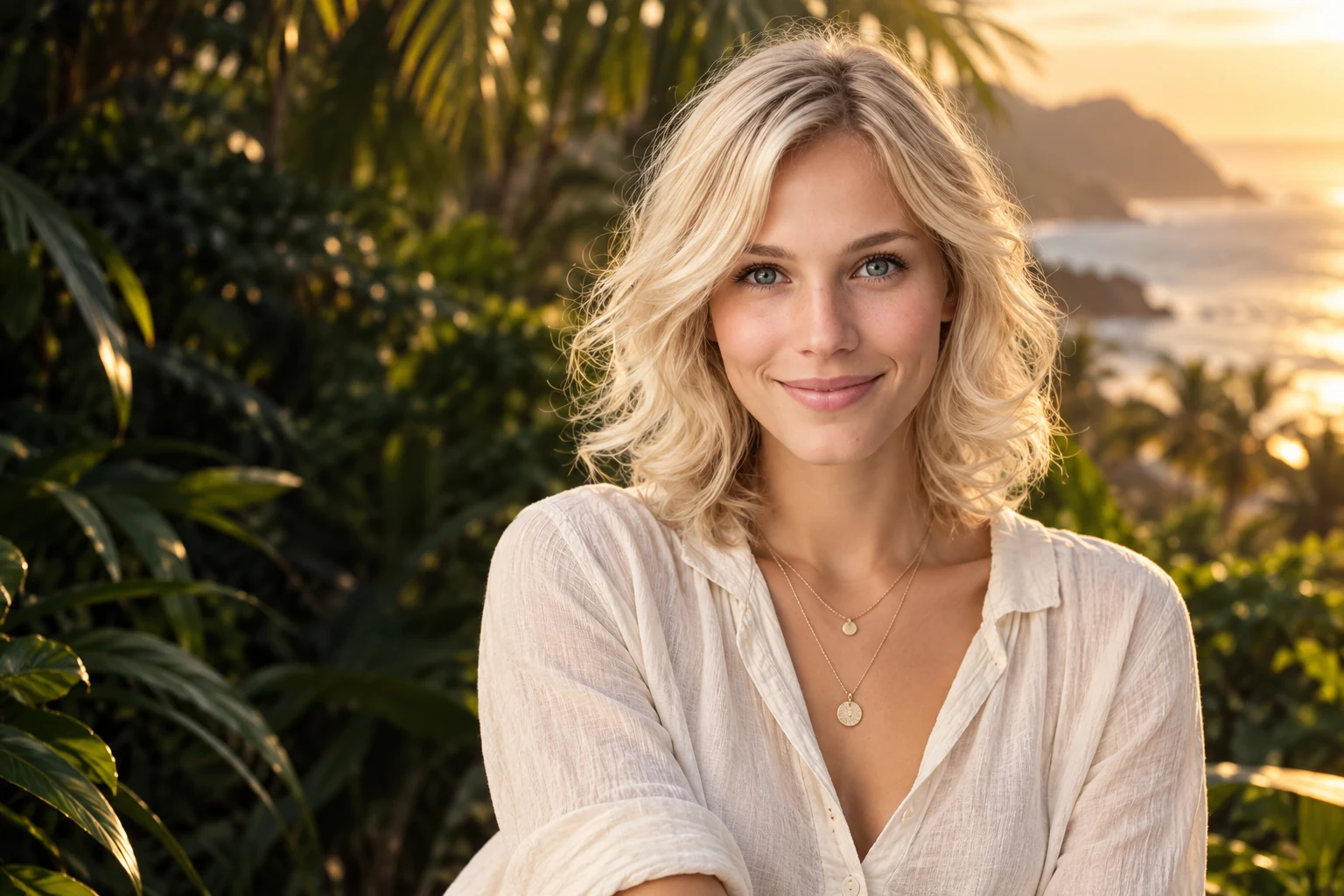Angel Dorado mit blondem welligem Haar im goldenen Licht einer tropischen Küste